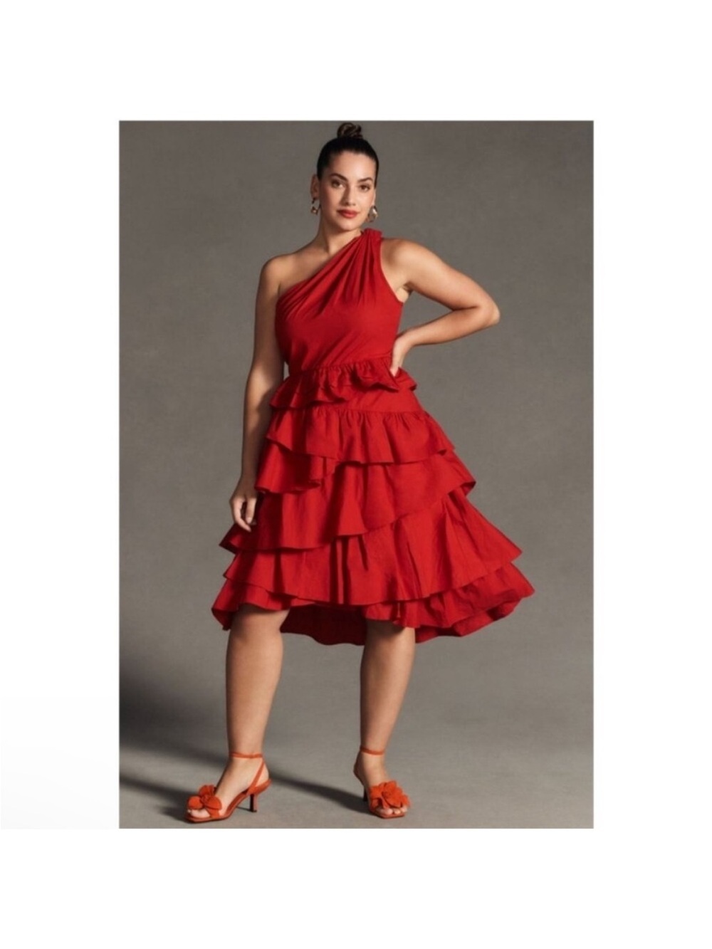 Anthropologie One Shoulder Tiered Ruffled Red Dress